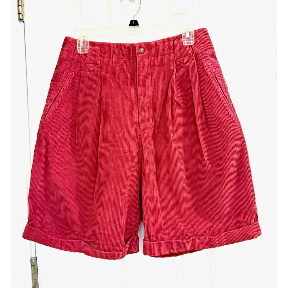 VTG Hunters Run Womens Size 12 Red Corduroy Pleated Shorts High Waist Cuffed Hem